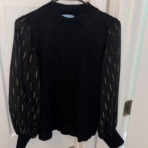 CeCe Black Knit Top with Sheer Sleeves and Gold Threading
